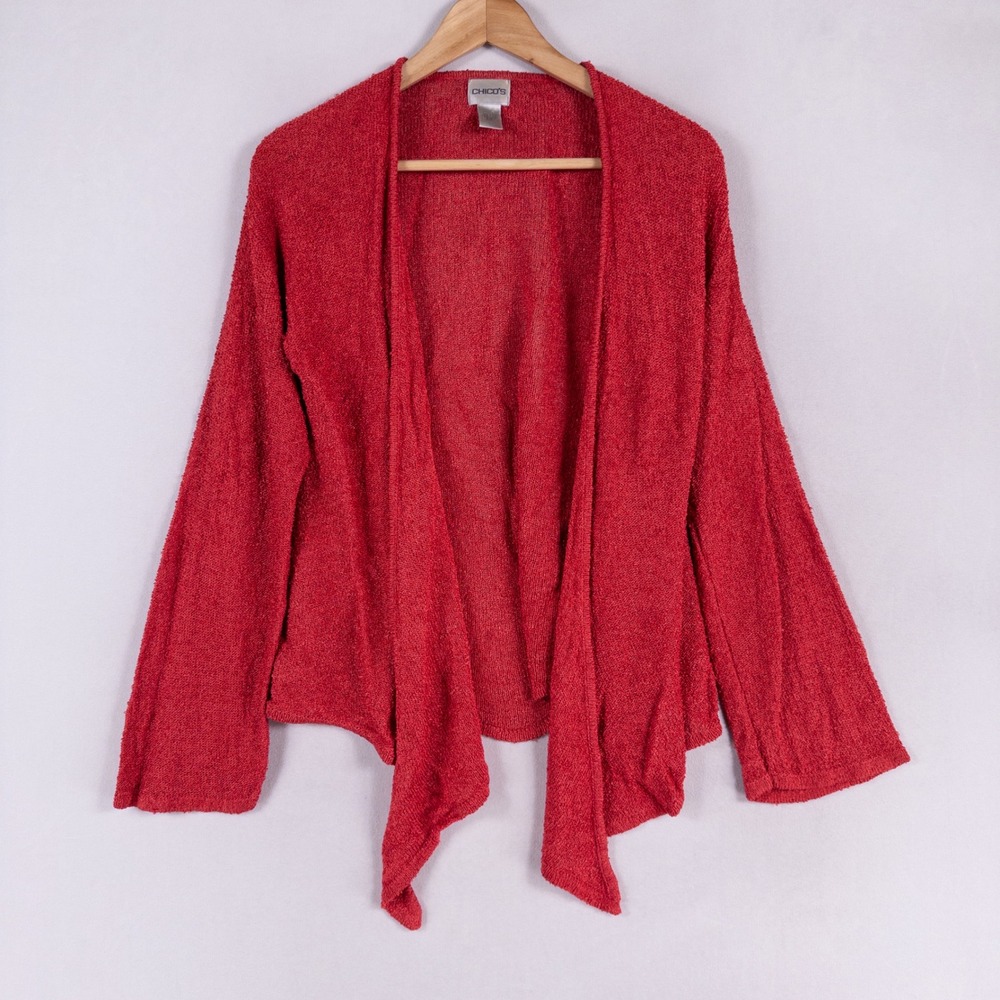 Chicos Sweater Womens 2 US L Red Open Front Cardigan Textured Knit Draped Rayon